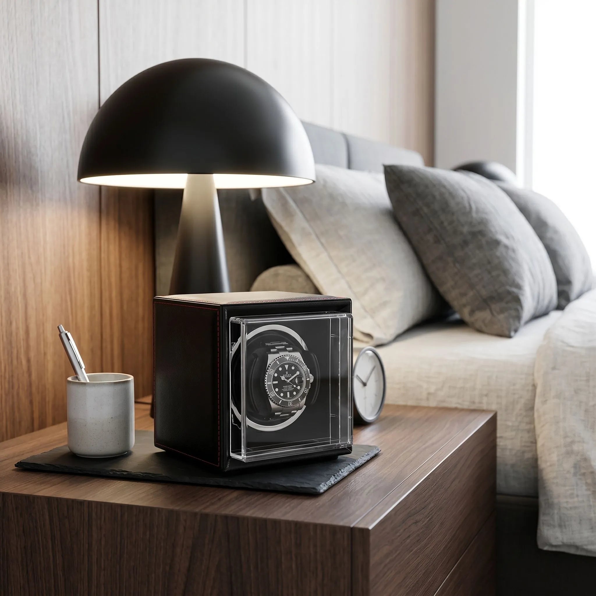 Single Watch Winder Black Leather Red Stitching Mains or Battery by Aevitas