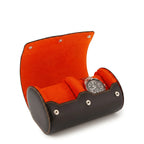 Double Watch Roll Case in black Nappa leather with orange lining, showcases craftsmanship, luxury and compact design for travel storage.