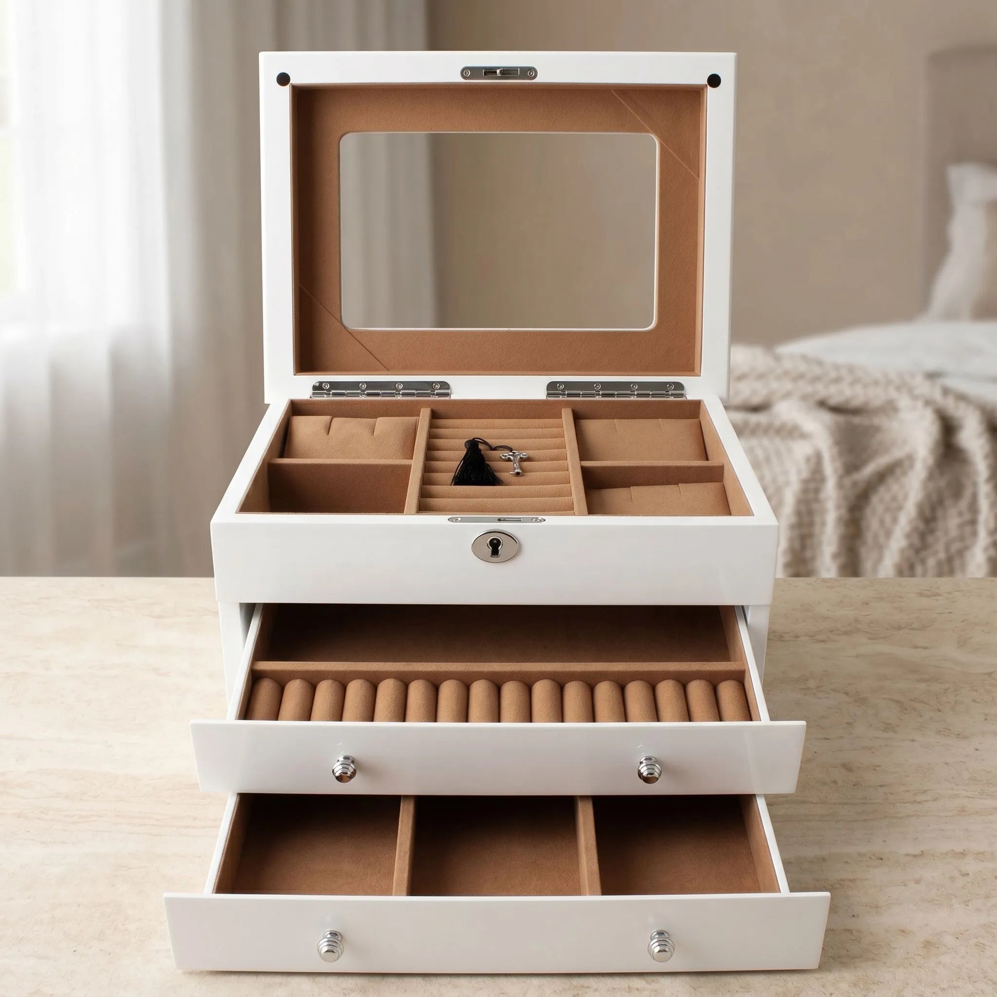 Extra Large Premium Jewellery Box White Wood with Camel Colour Lining by Aevitas