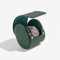 Green genuine leather watch roll travel case by Aevitas, protects watches during travel, with soft lining and elegant logo, showcasing premium quality and craftsmanship.