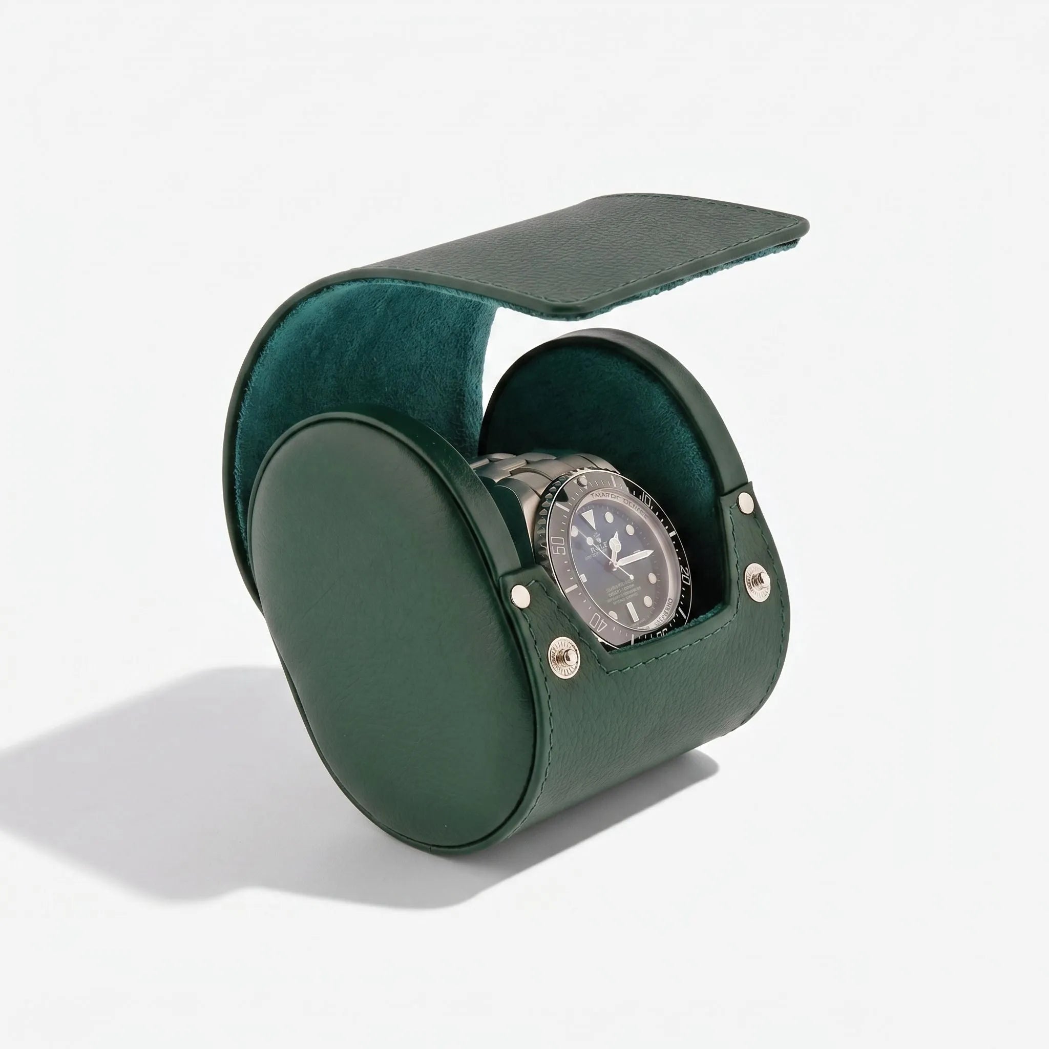 Green genuine leather watch roll travel case by Aevitas, protects watches during travel, with soft lining and elegant logo, showcasing premium quality and craftsmanship.