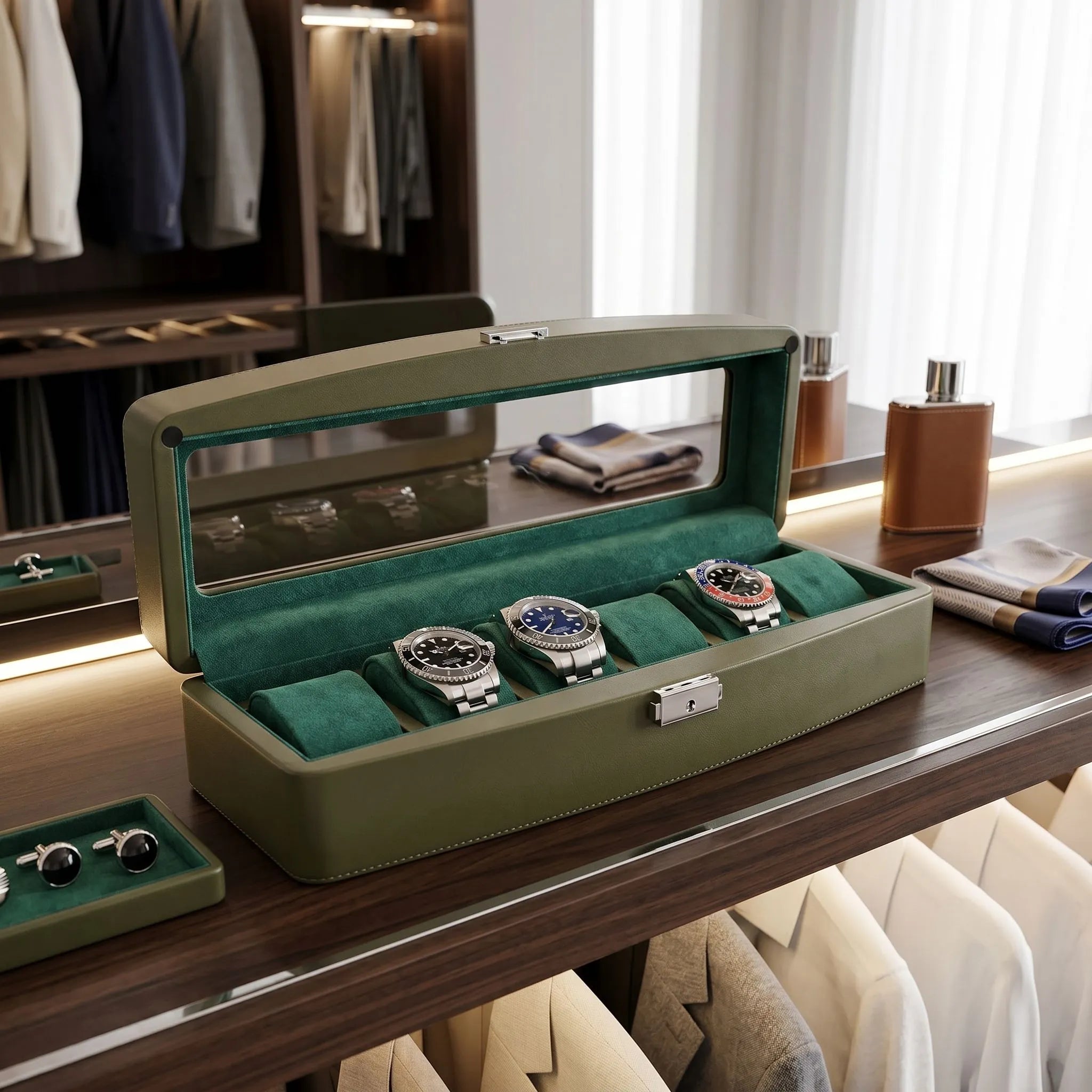 Green Leather 6 Watch Box with Glass Lid Premium Quality by Aevitas