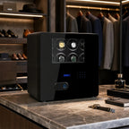 Spacious walk-in closet scene featuring a secure black watch winder safe for 8 watches, surrounded by fashion accessories and elegant decor.
