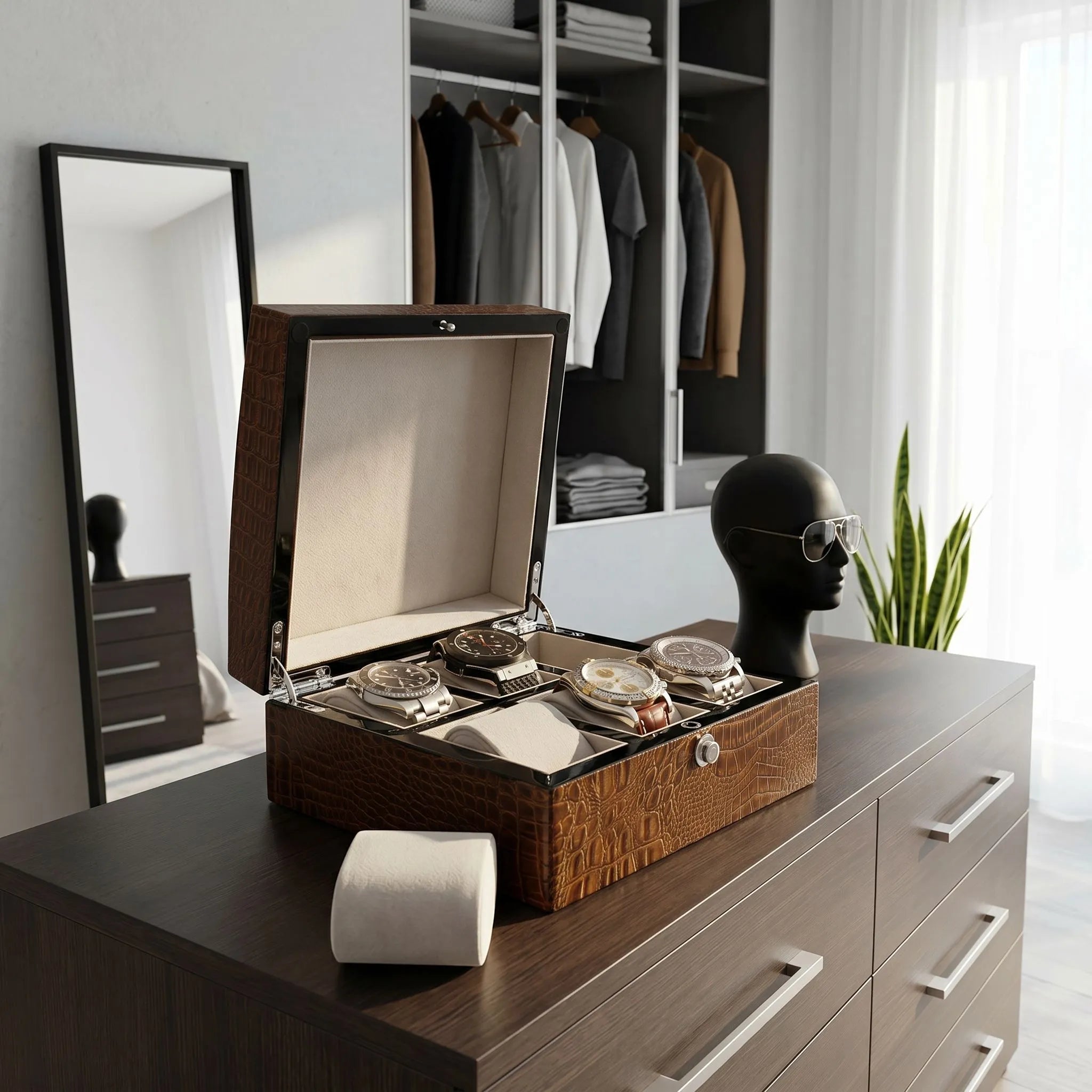 Premium 6 Watch Box in Brown High Gloss Lacquered Crocodile Print Finish by Aevitas
