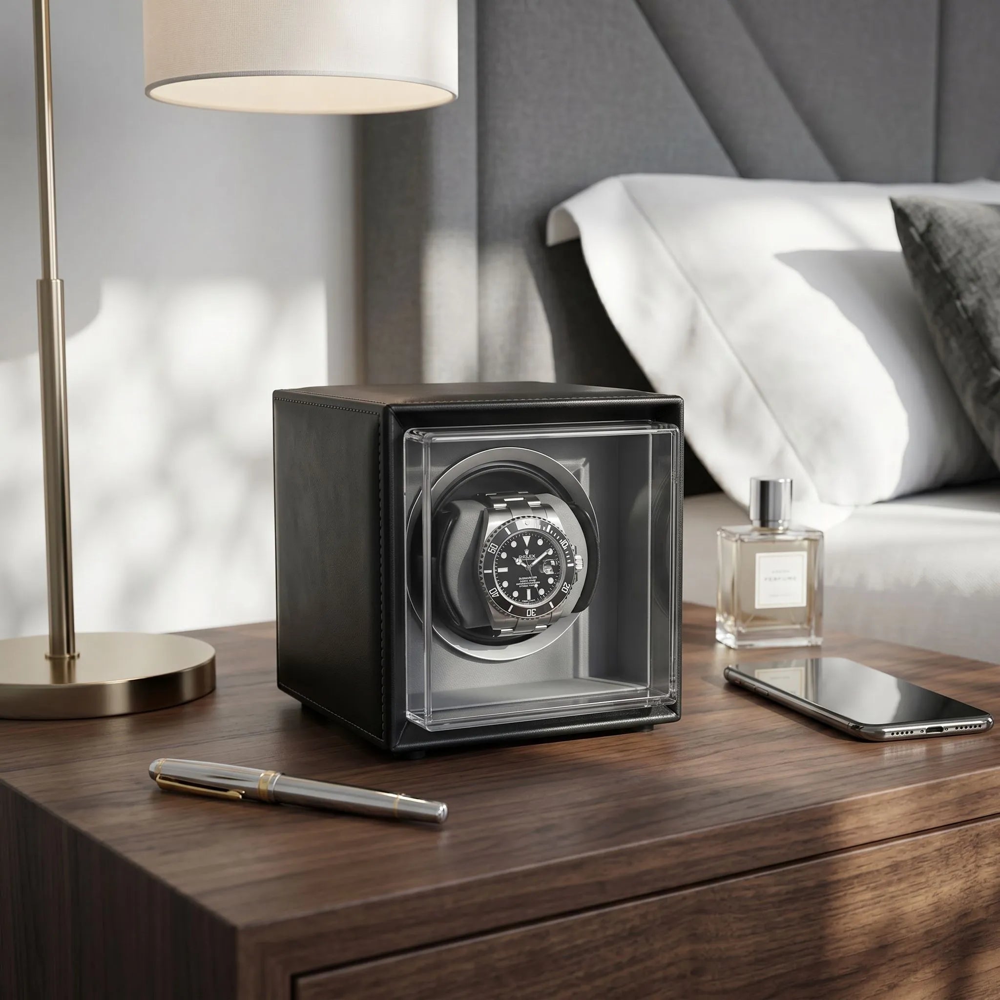 Single Watch Winder Black Leather Grey Lining Mains or Battery by Aevitas