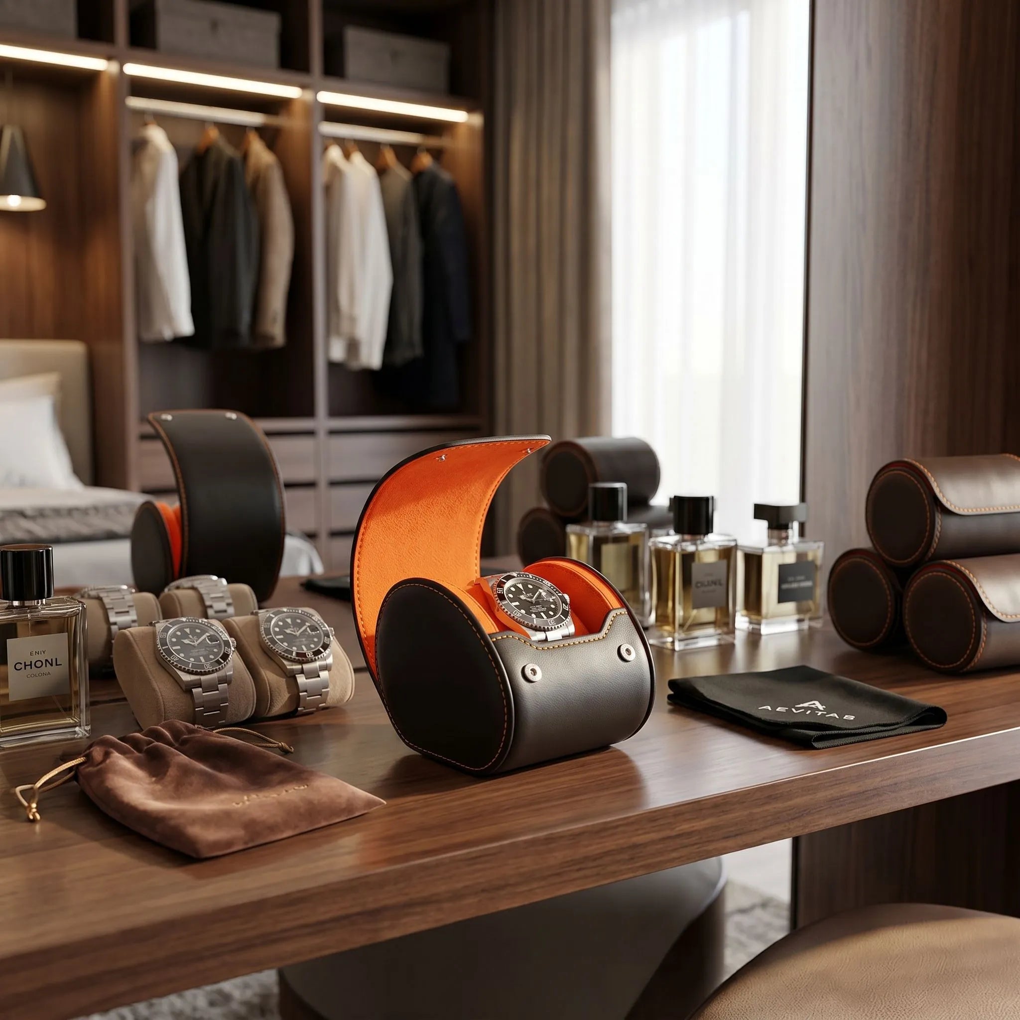 Single Watch Roll Case in Premium Black Nappa Leather with Orange Lining by Aevitas