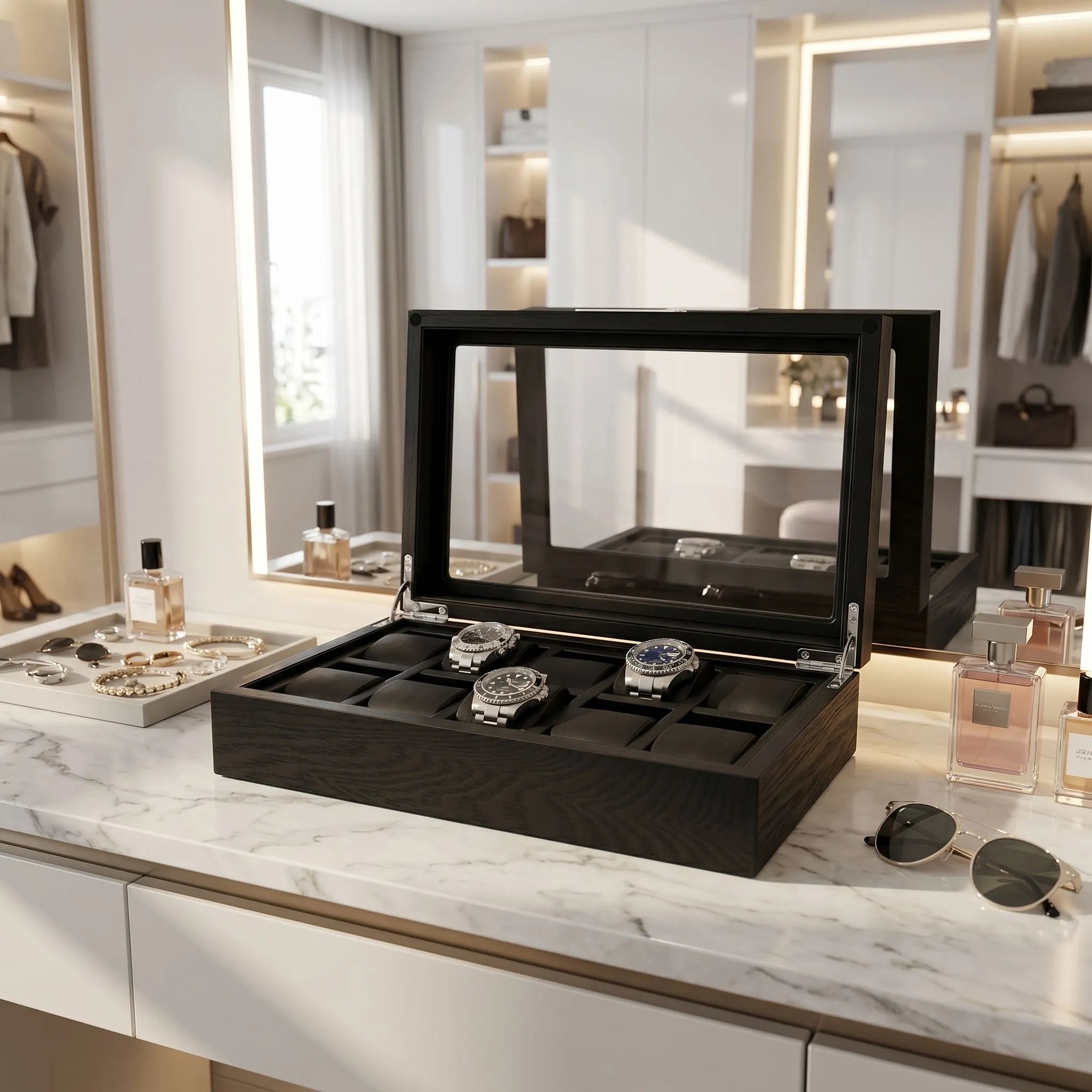 Premium Black Oak Veneer Watch Box for 10 Watches