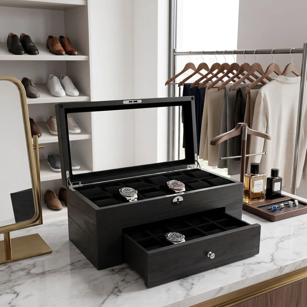 Premium Black Oak Veneer Watch Box for 22 Watches with Drawer