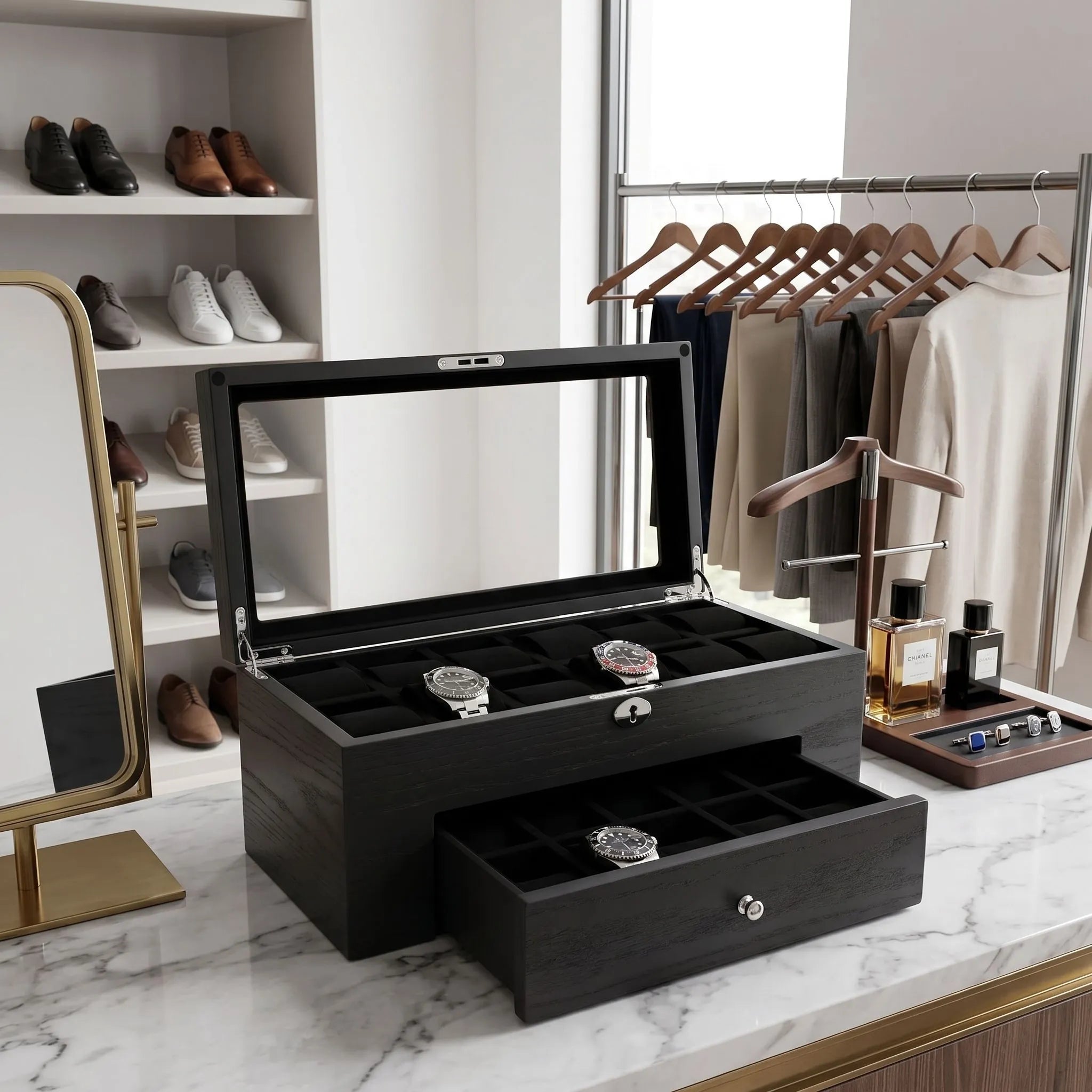 Premium Black Oak Veneer Watch Box for 22 Watches with Drawer