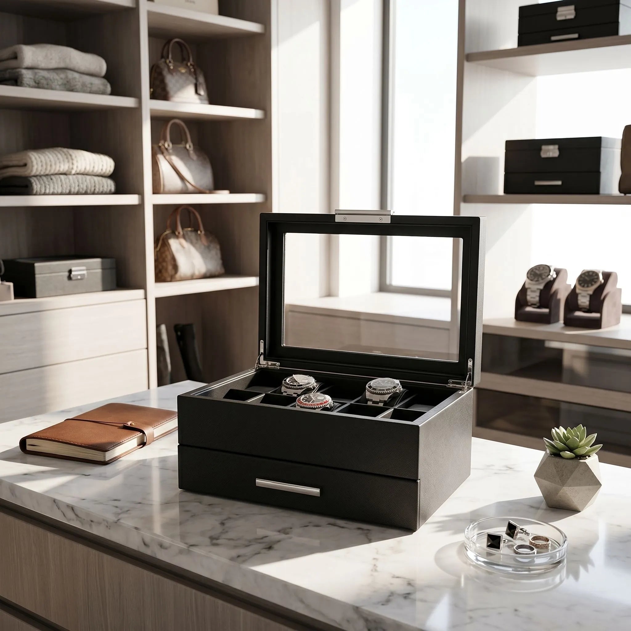 10 Watch Box in Black Saffiano Leather Finish with Drawer by Aevitas