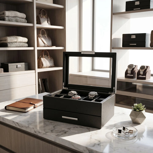10 Watch Box in Black Saffiano Leather Finish with Drawer by Aevitas