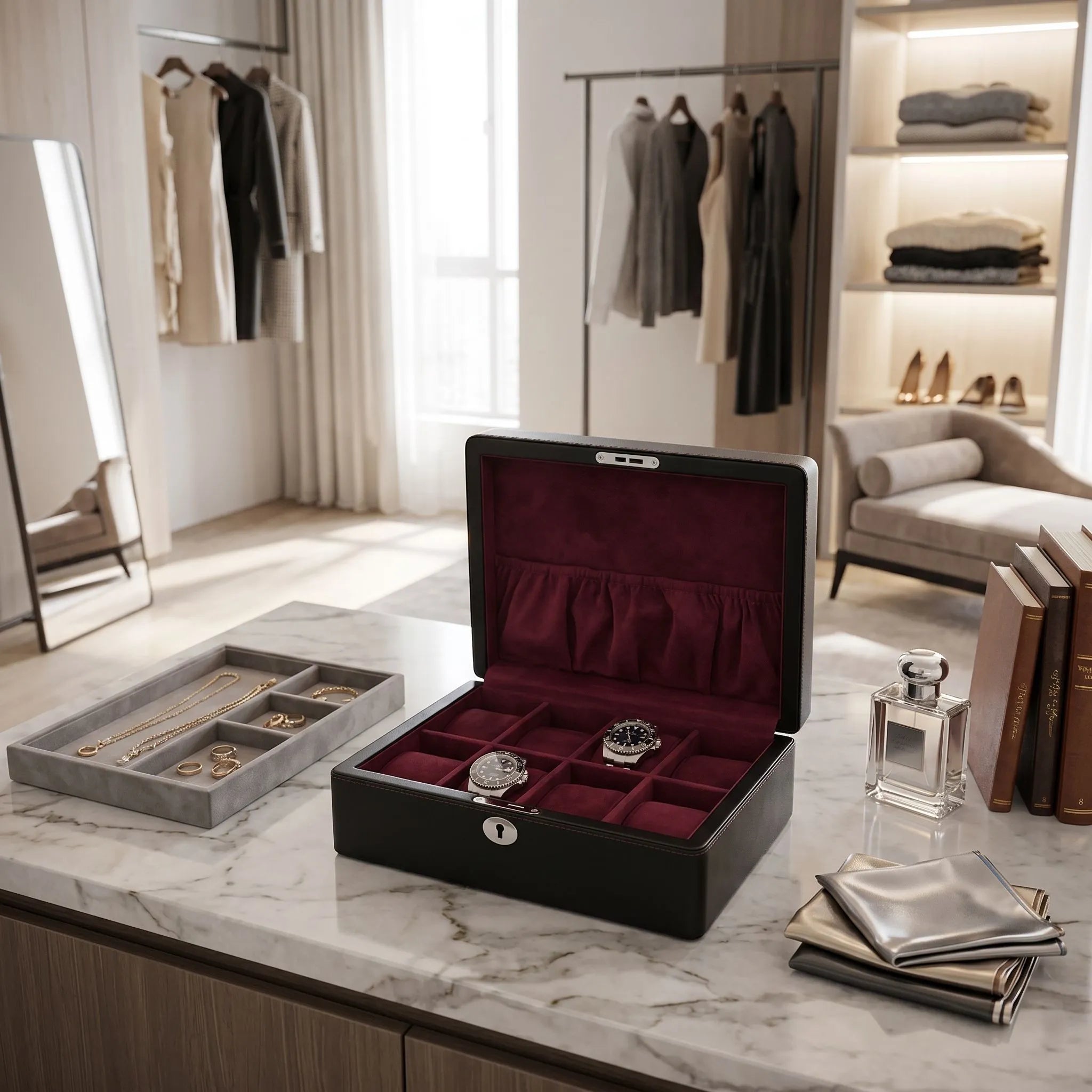 8 Watch Box in Black Leather Finish Fine Quality by Aevitas