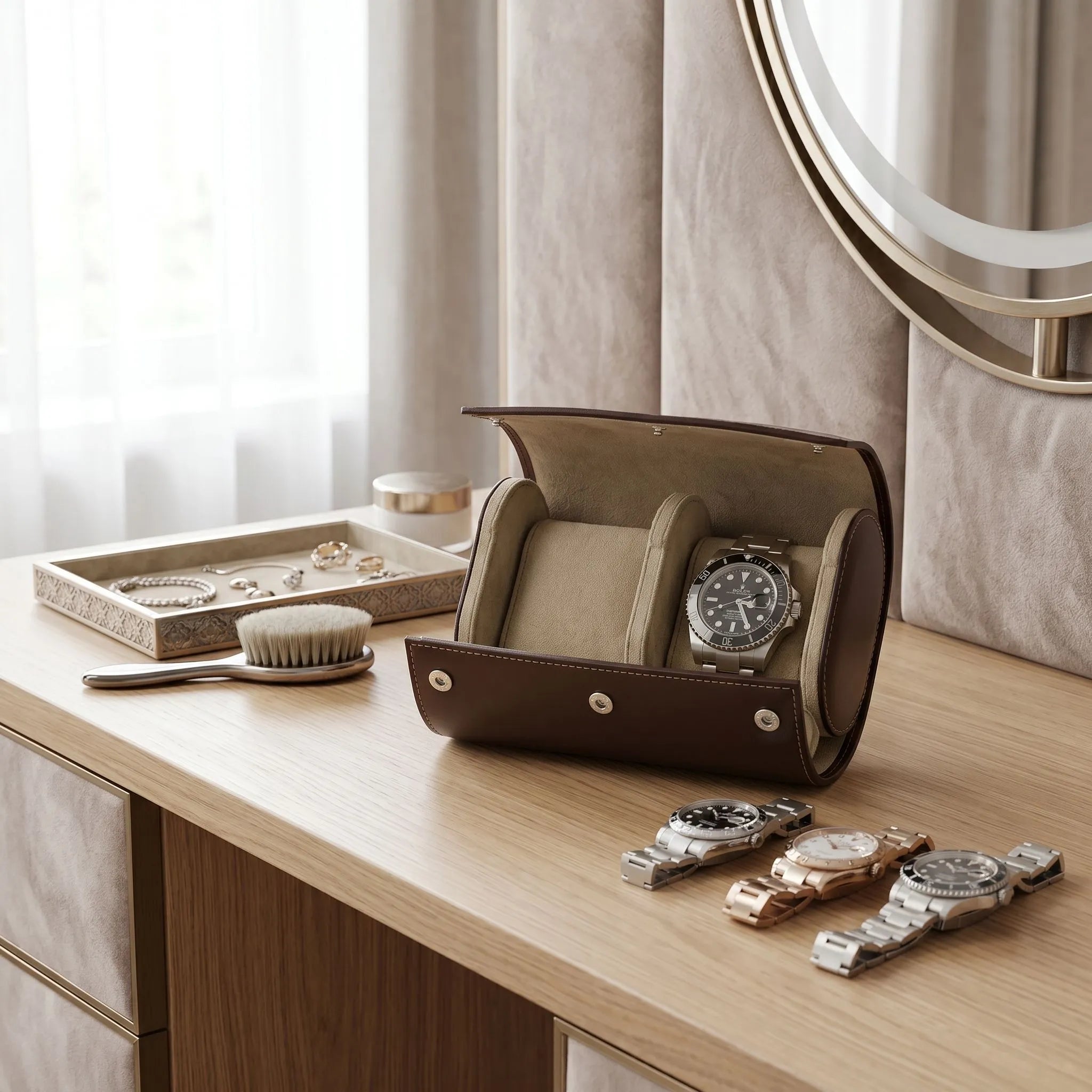 Double Watch Roll Case in Premium Dark Brown Calf Leather by Aevitas