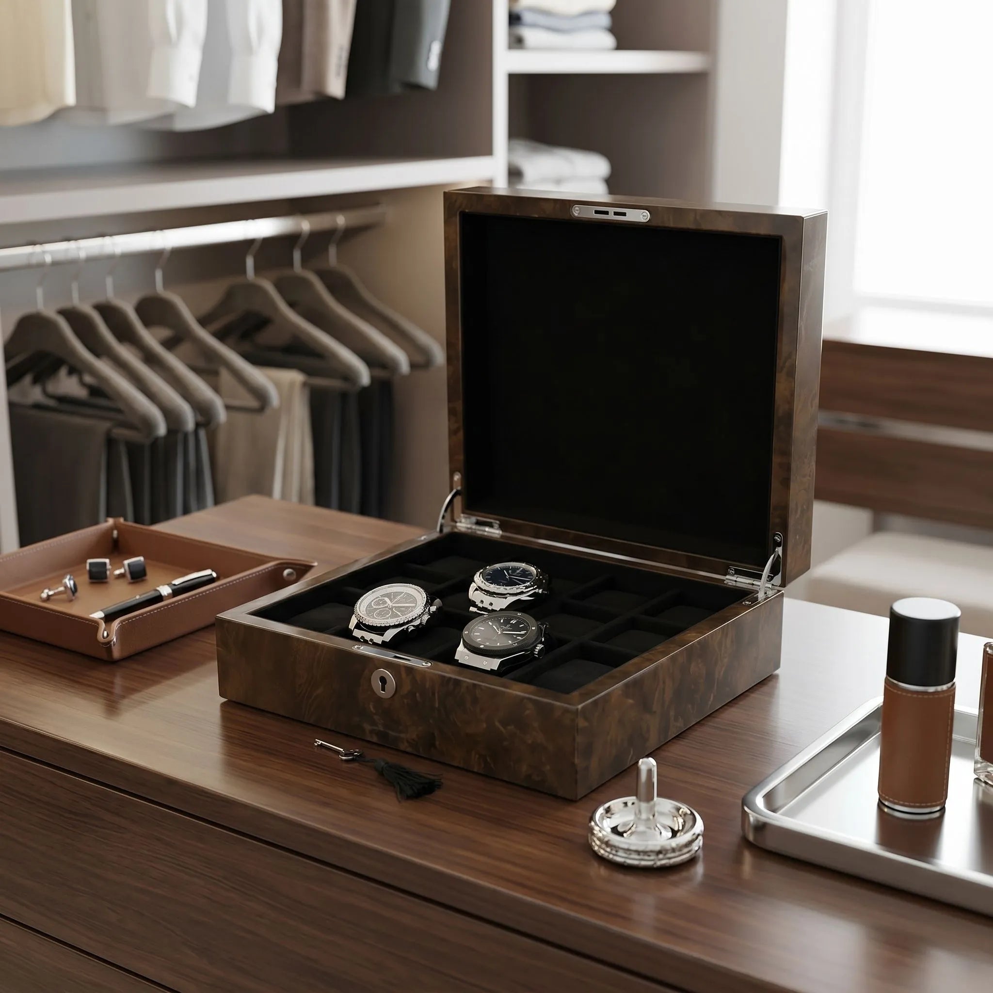 Dark Burl Wood Watch Box for 12 Watches with Solid Lid