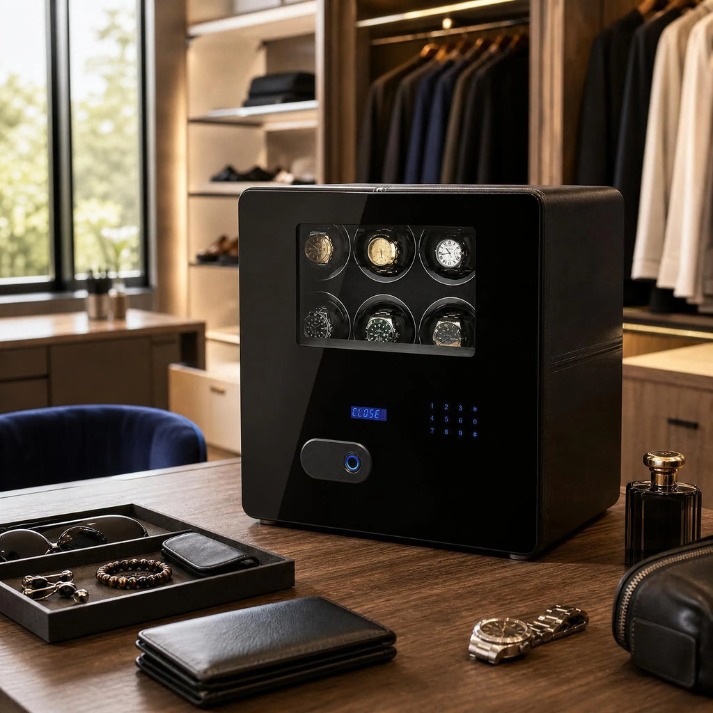 Black edition watch winder safe for 8 watches showcased on a wooden vanity in a luxurious walk-in dressing room with accessories and a velvet chair.