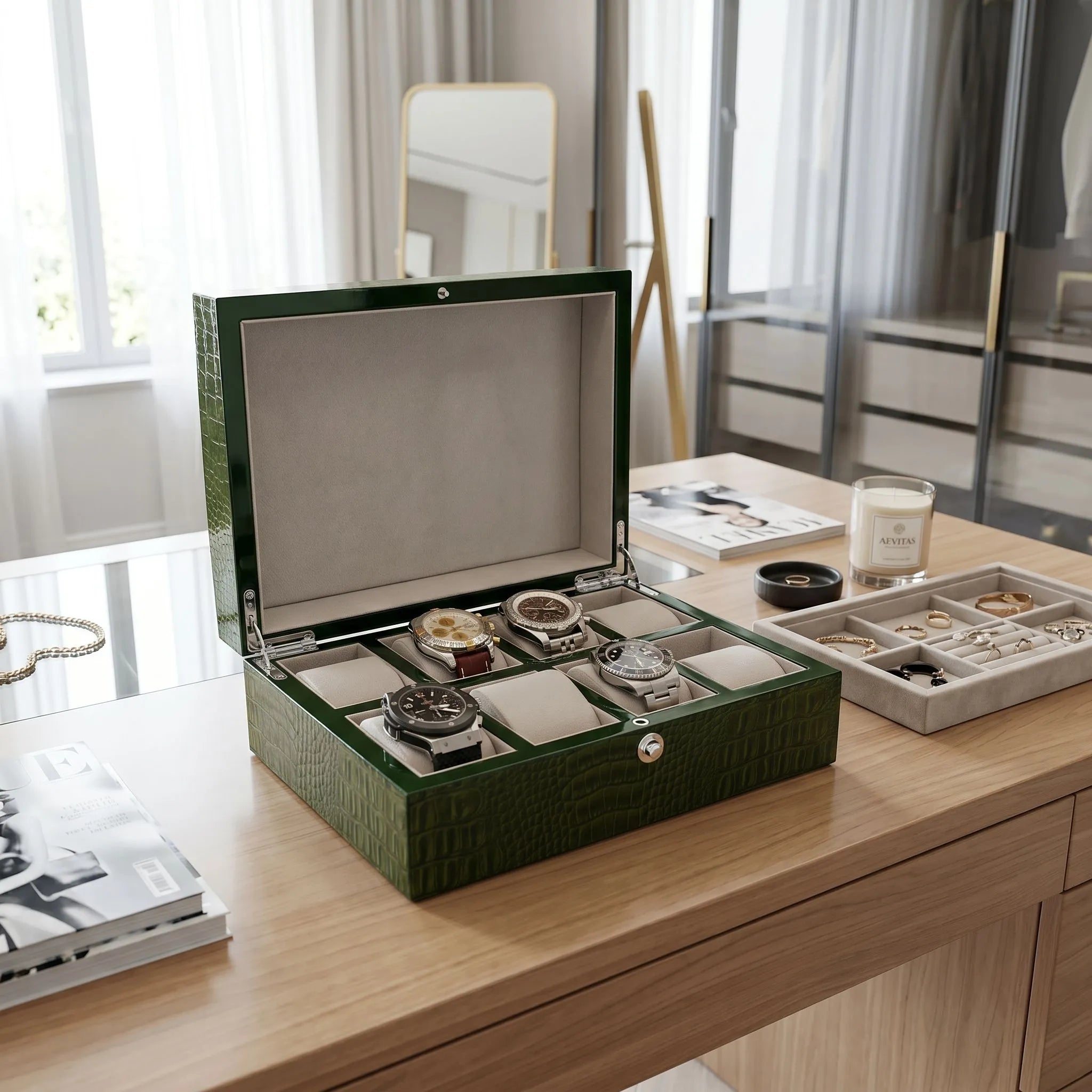 Premium 8 Watch Box in Green High Gloss Lacquered Crocodile Print Finish by Aevitas