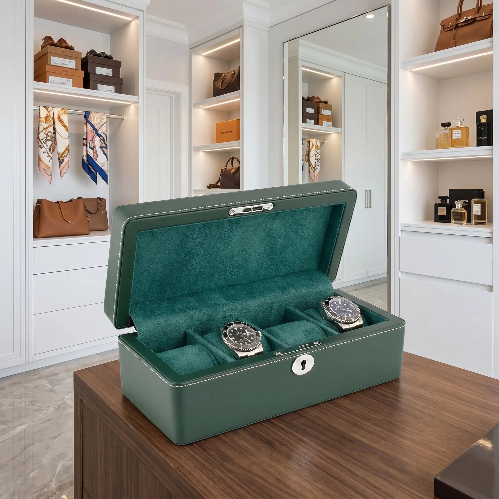 4 Watch Box in Green Leather Finish Fine Quality by Aevitas