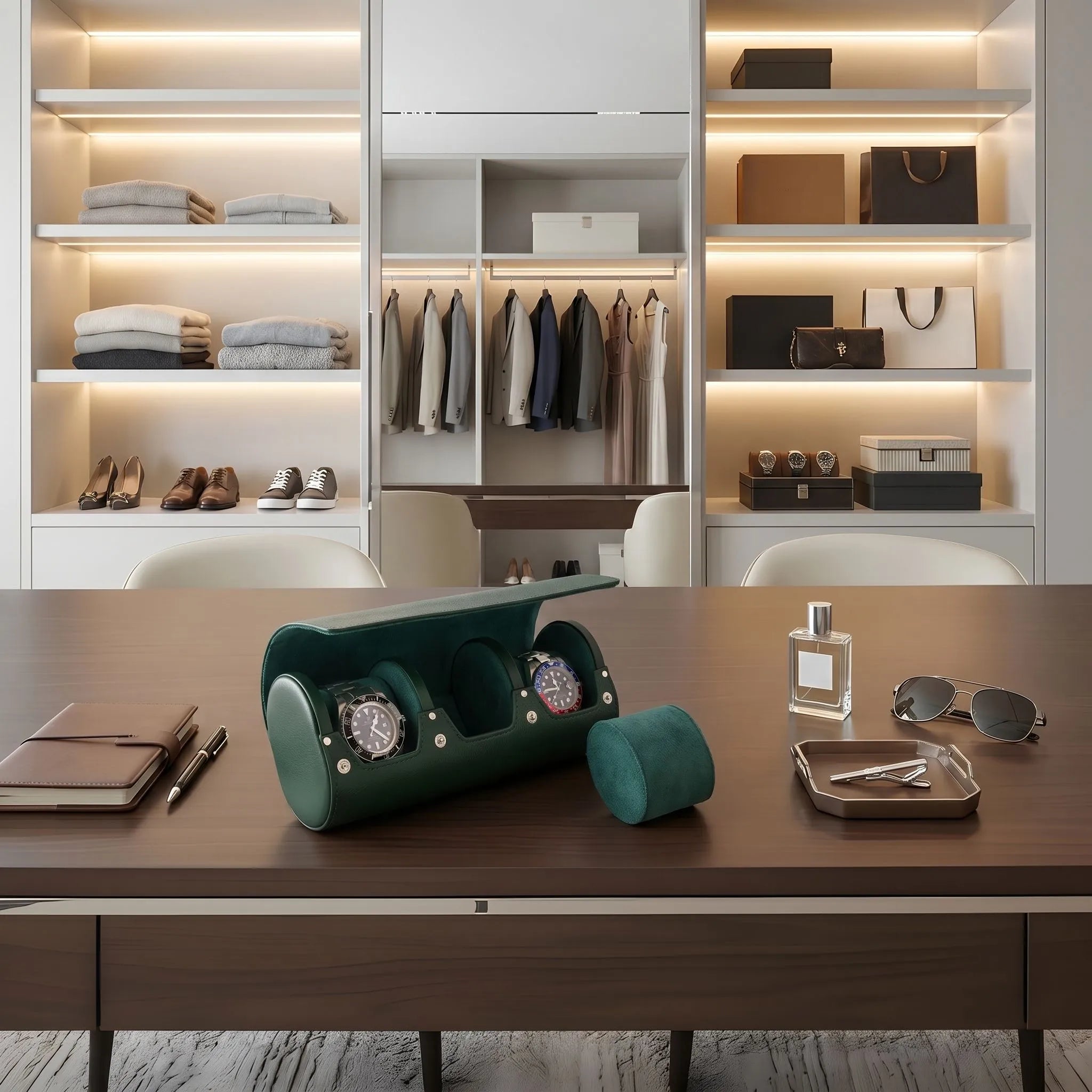 Green Genuine Leather Triple Watch Roll Travel Case by Aevitas