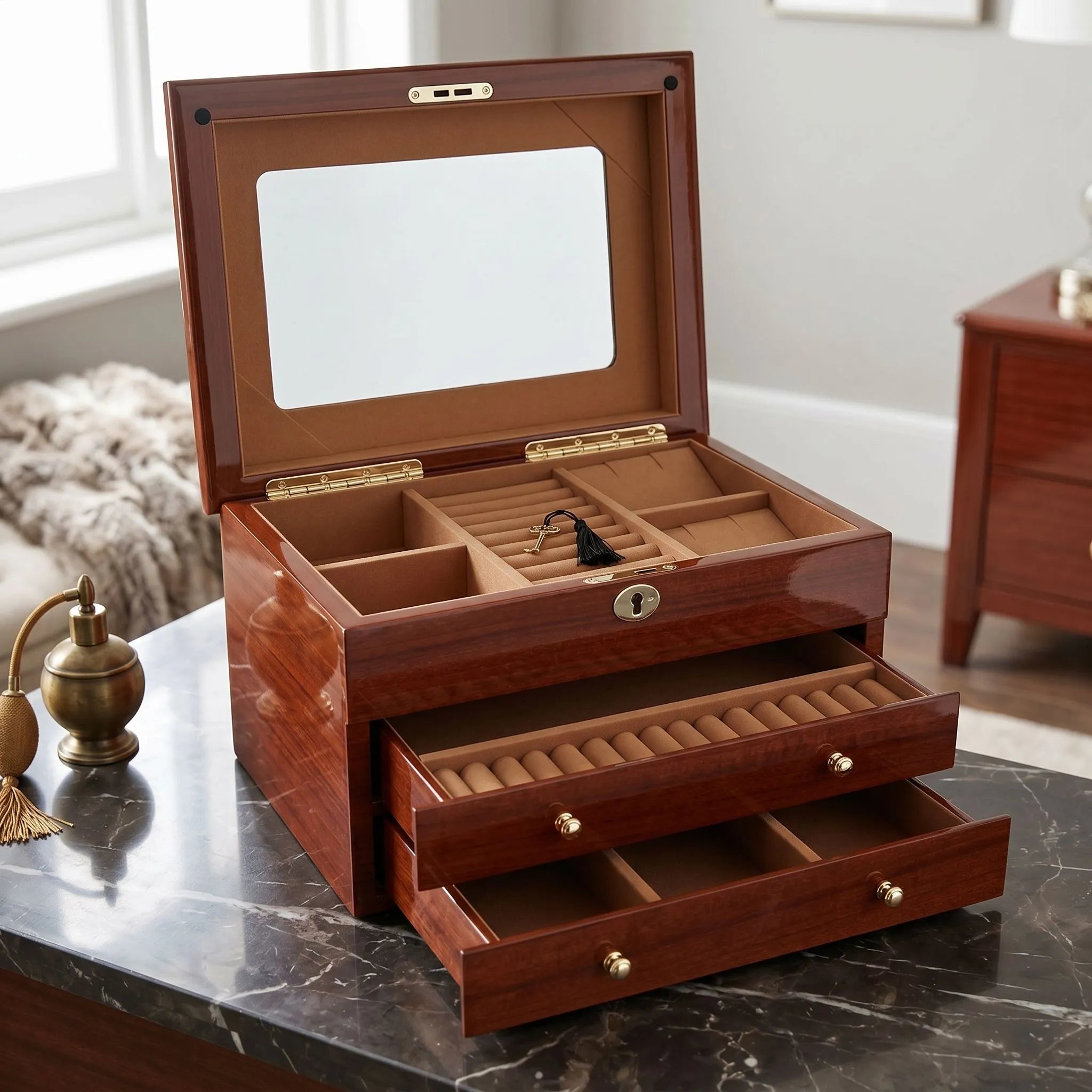 Premium Jewellery Box Extra Large Size Mahogany Wood with Camel Colour Lining by Aevitas