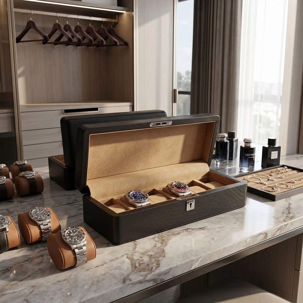 Carbon Fibre Leather Watch Box Premium Quality 6 Watches by Aevitas