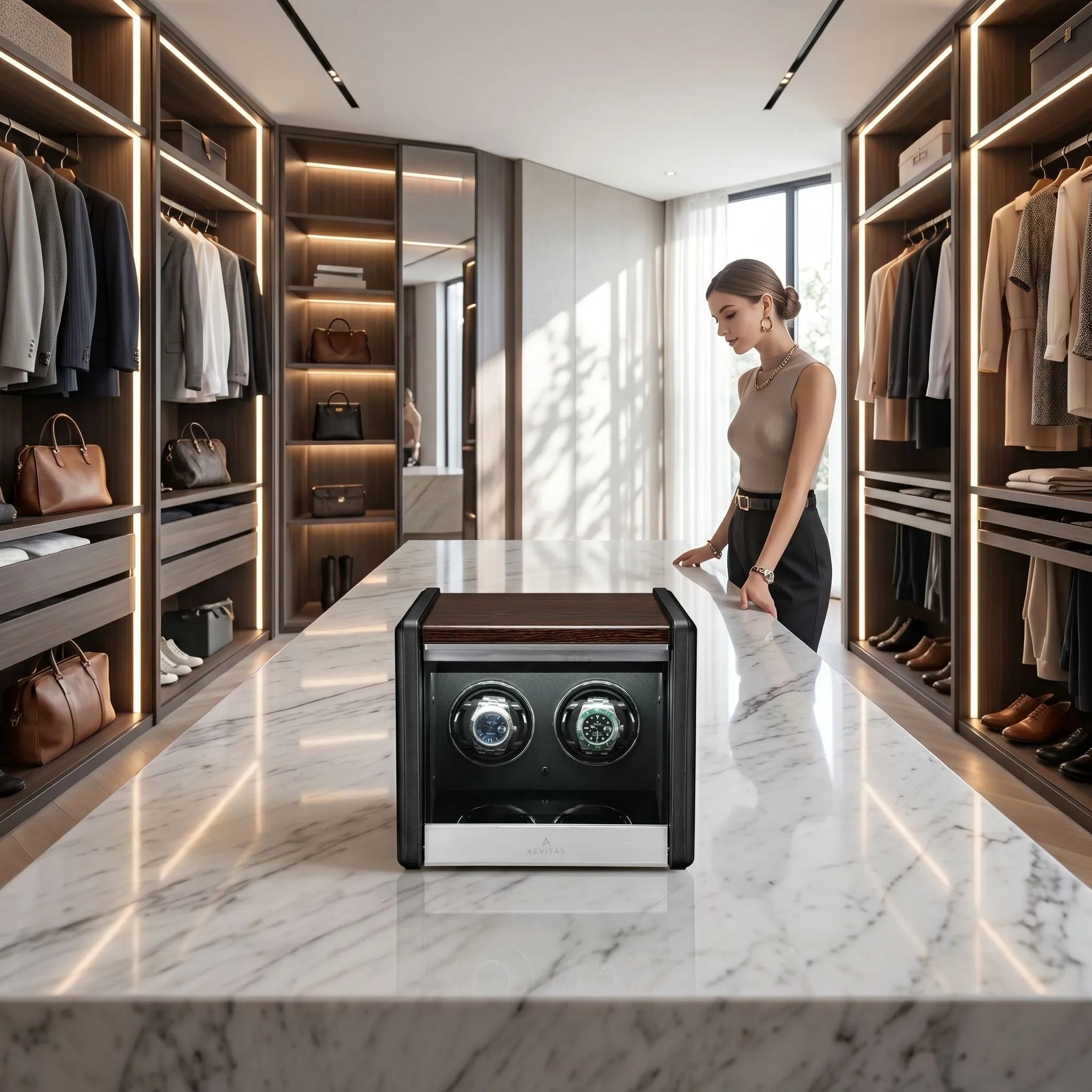 Premium 2 Watch Winder in Dark Walnut Wood with Piano Lacquer by Aevitas