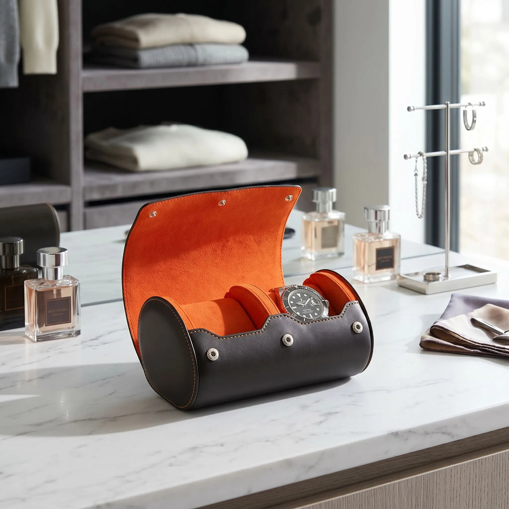 Double Watch Roll Case Premium Black Nappa Leather with Orange Lining by Aevitas
