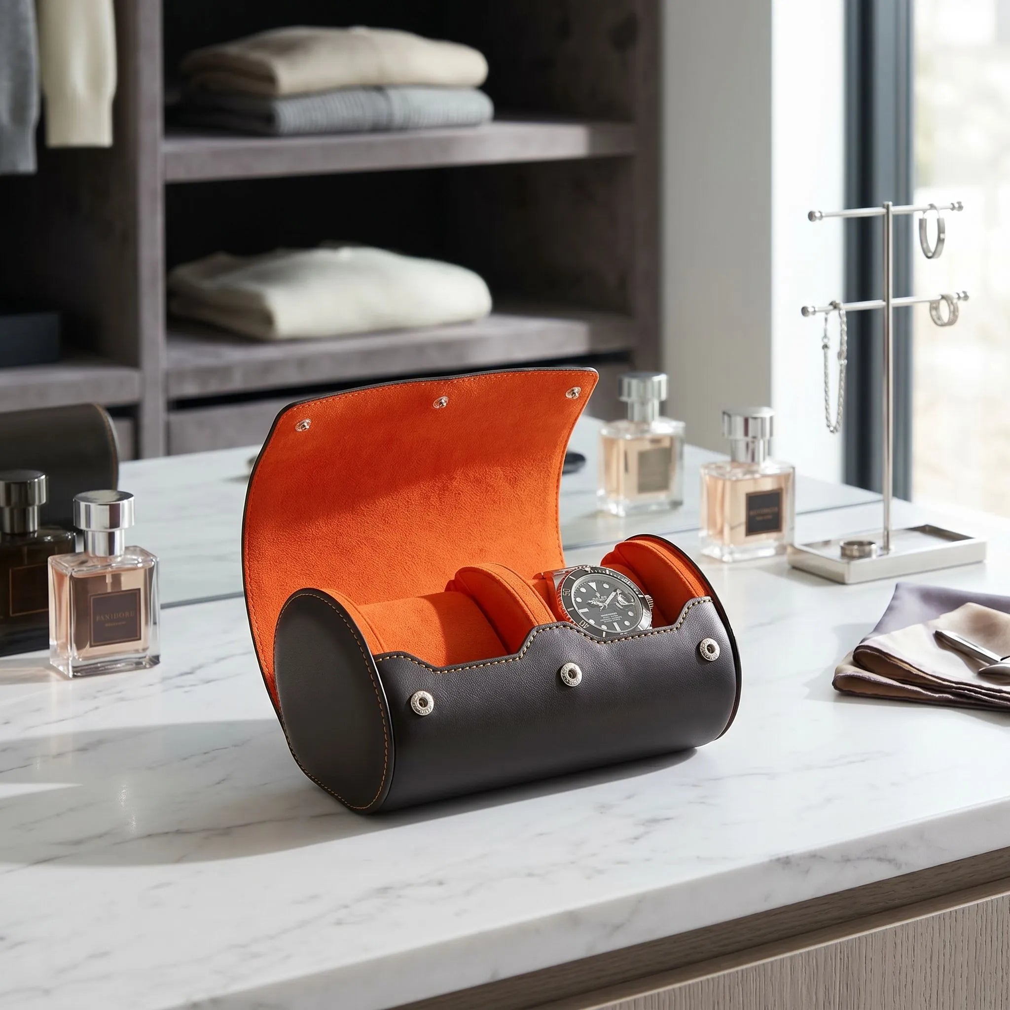 Double Watch Roll Case Premium Black Nappa Leather with Orange Lining by Aevitas