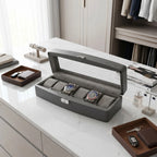 Grey Leather 6 Watch Box with Glass Lid Premium Quality by Aevitas