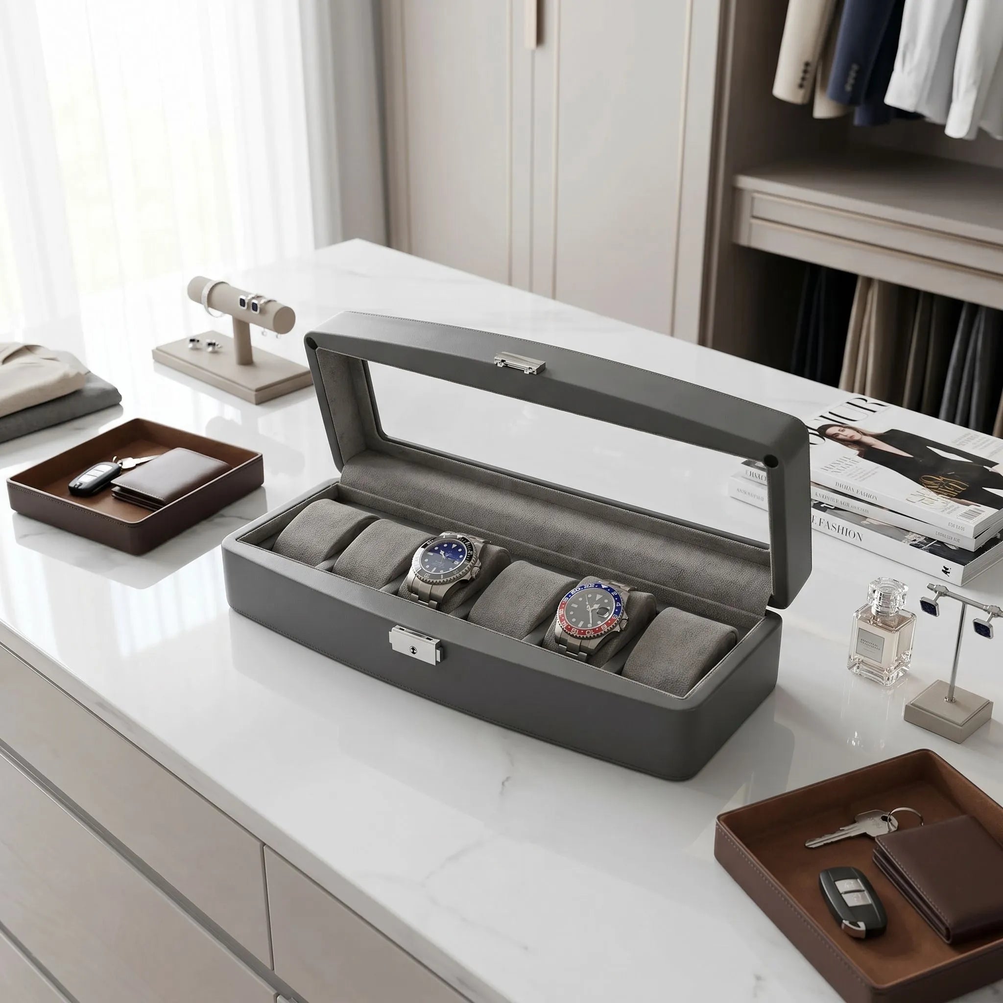 Grey Leather 6 Watch Box with Glass Lid Premium Quality by Aevitas