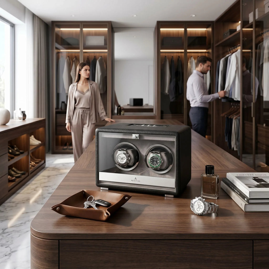 Premium Dual Watch Winder Black Genuine Leather Mains Powered by Aevitas