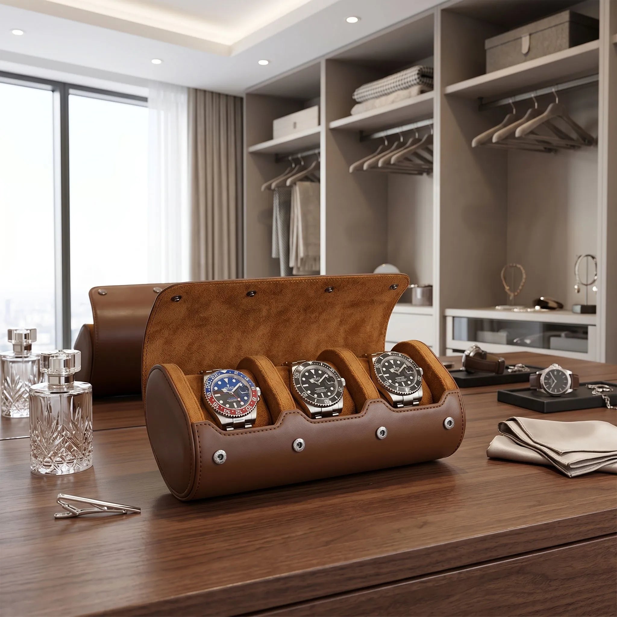 Premium Triple Watch Roll in Brown Leather with Super Soft Tan Suede Lining