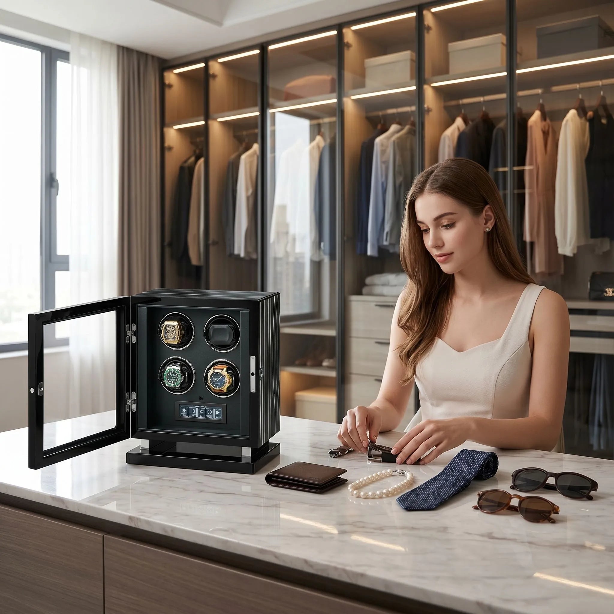 Premium 4 Watch Winder in Zebrano Ebony Wood Piano Lacquer by Aevitas