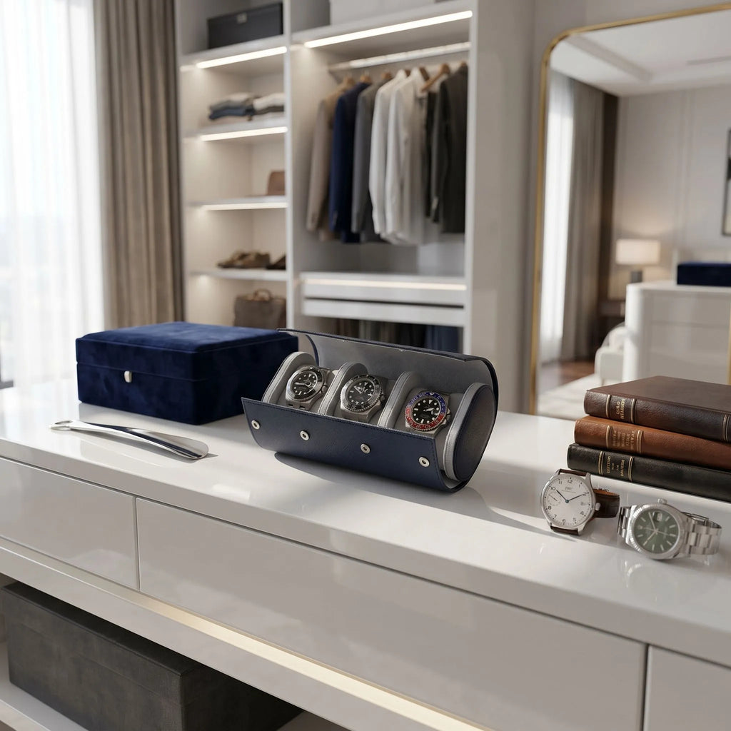 Triple Watch Roll in Navy Blue Saffiano Real Leather with Super Soft Lining