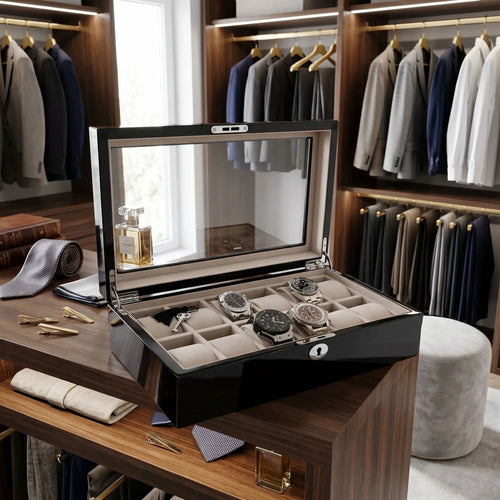 12 Watch Box in Piano Black Gloss Finish with Grey Luxury Lining by Aevitas