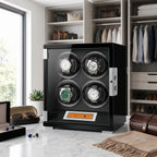 High-end 4 Watch Winder Tower Series by Aevitas with piano black wood finish, leather interior, and touchscreen in a luxurious dressing room setting.