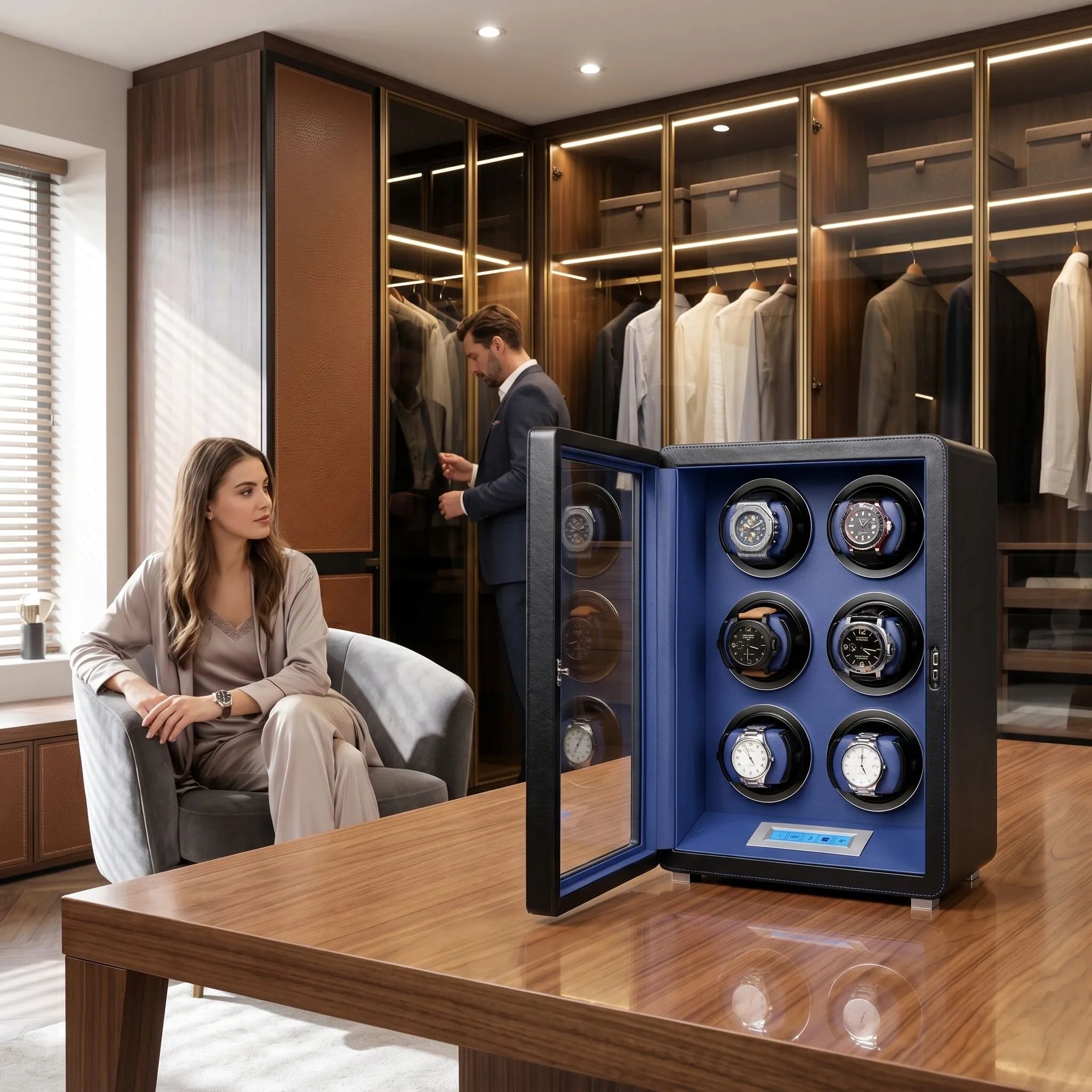 6 Watch Winder in Smooth Black and Blue Leather Finish by Aevitas UK