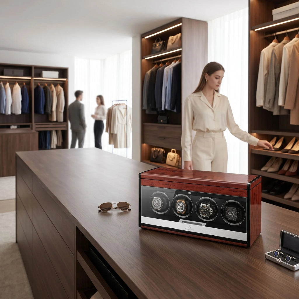4 Watch Winder with Extra Storage Wood Veneer Finish by Aevitas