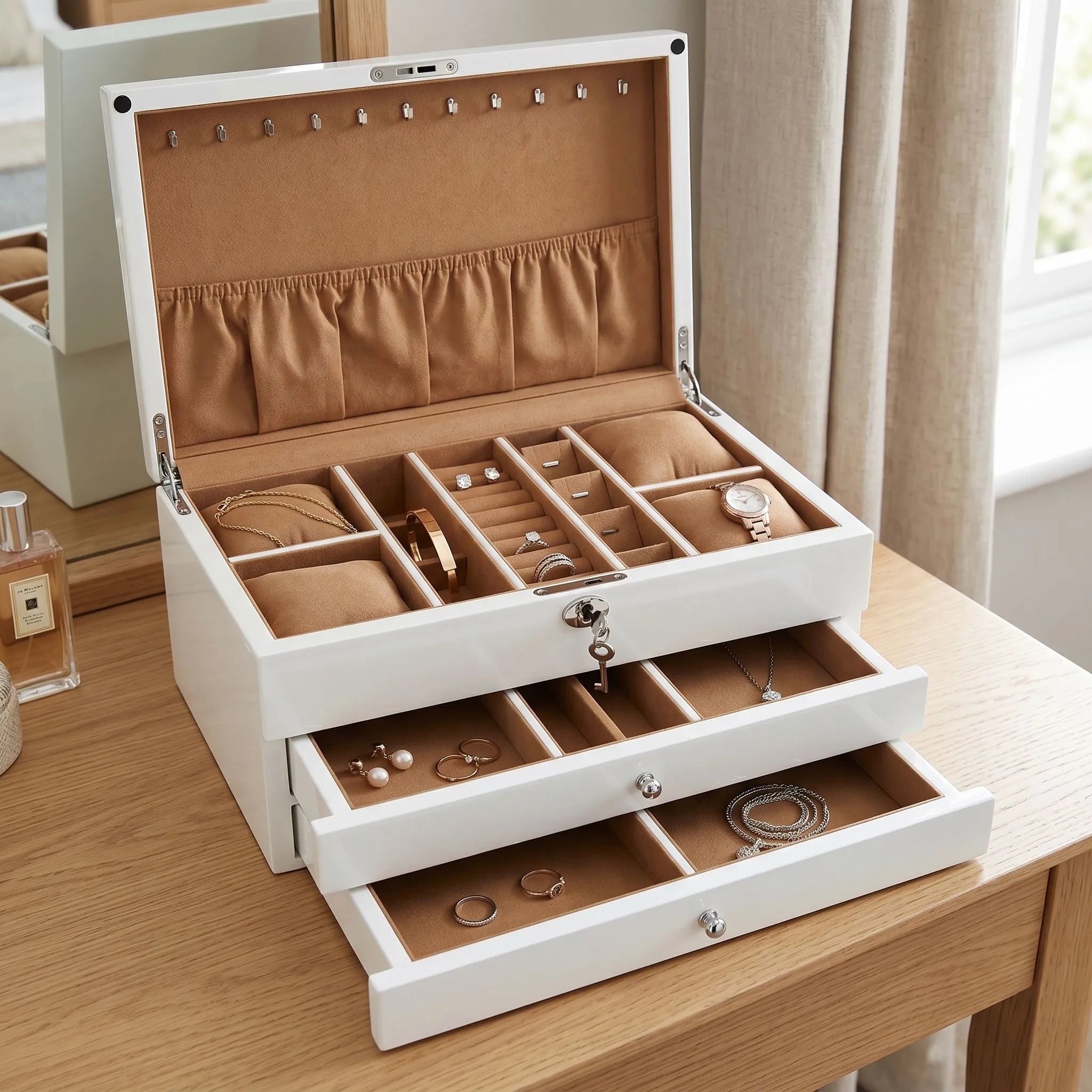 Premium Jewellery Box Extra Large Size White Gloss Finish with Camel Colour Lining by Aevitas