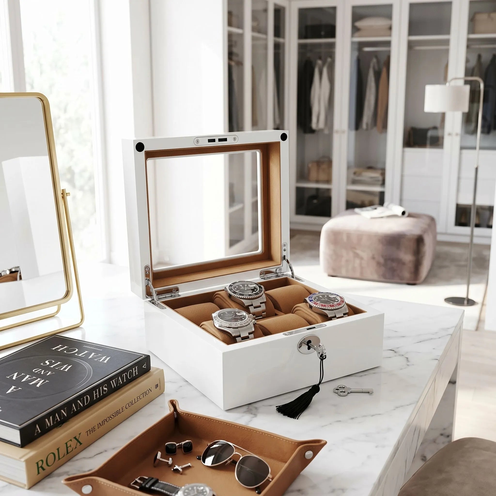 6 Watch Box in Luxurious White Wood with Camel Lining by Aevitas