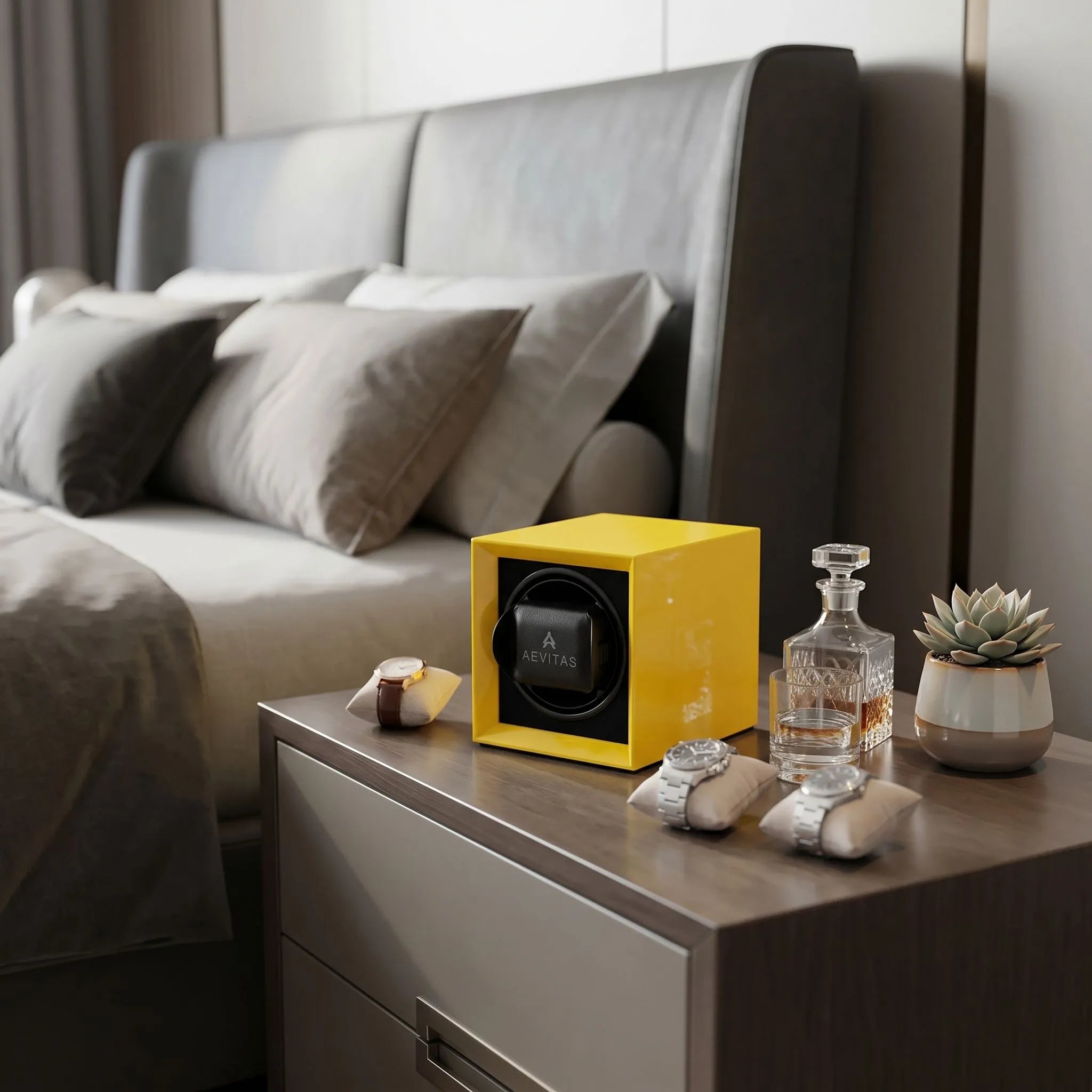 Single Watch Winder in Yellow Piano Lacquered finish by Aevitas