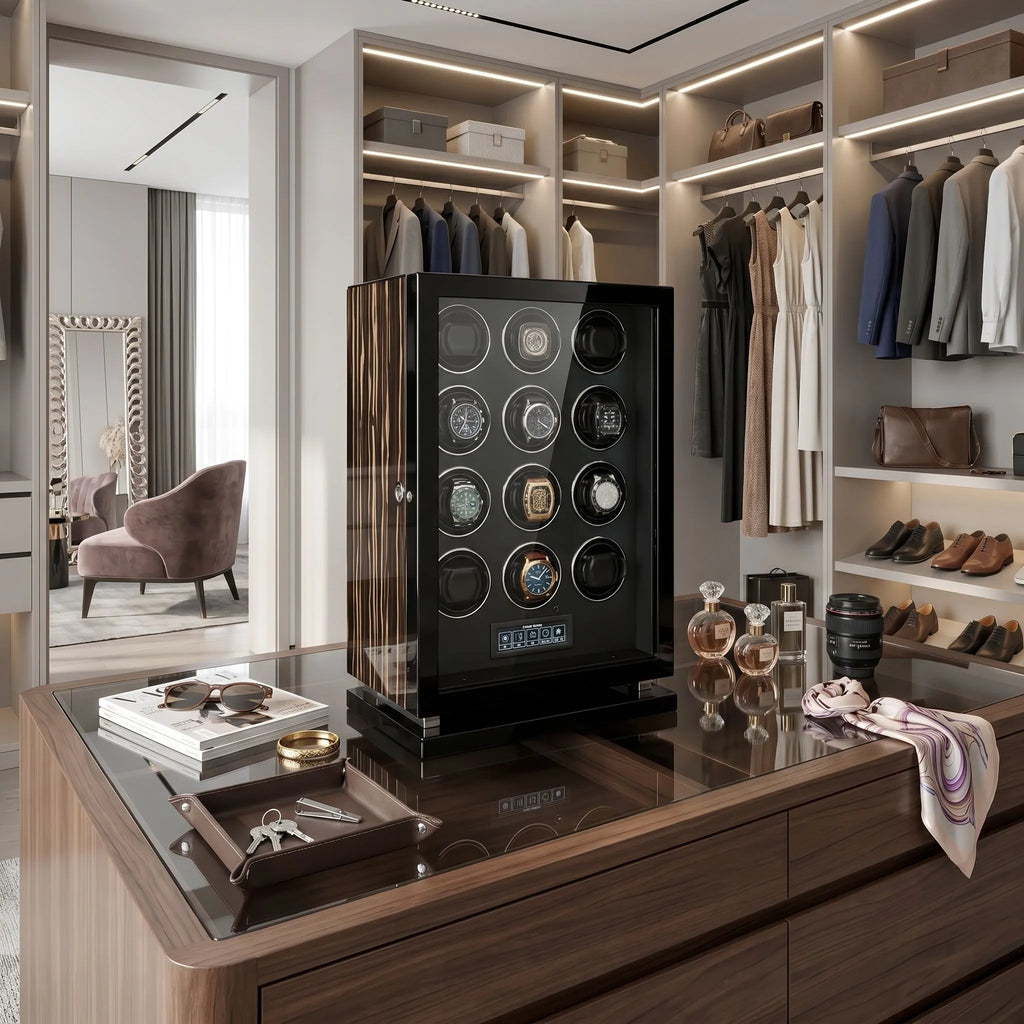 Premium 12 Watch Winder in Zebrano Ebony Wood Piano Lacquer by Aevitas