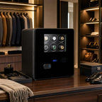 Modern walk-in dressing room featuring a luxury 12 watch winder safe in black leather with contrast stitching, surrounded by elegant fashion accessories.