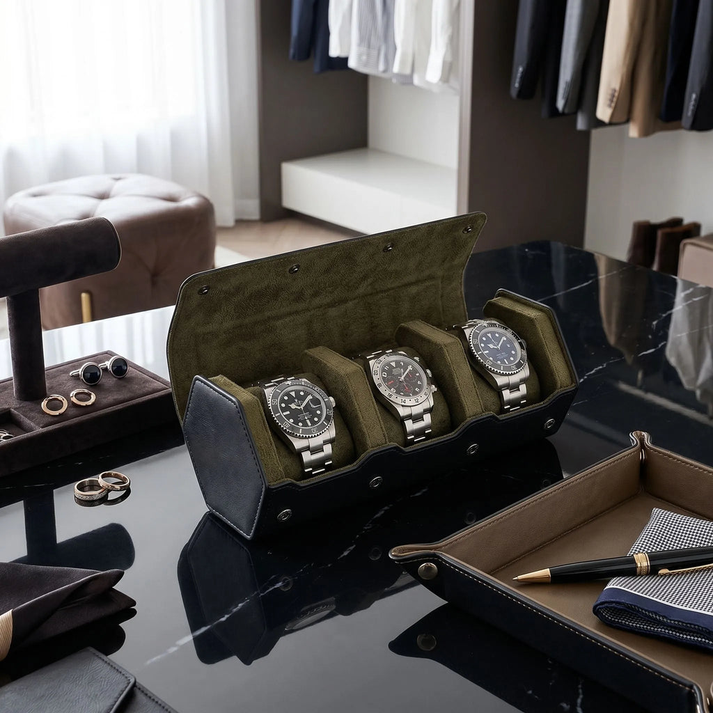 3 Watch Roll Case Hexagon Style in Fine Black Nappa Leather with Luxury Lining - Special Offer