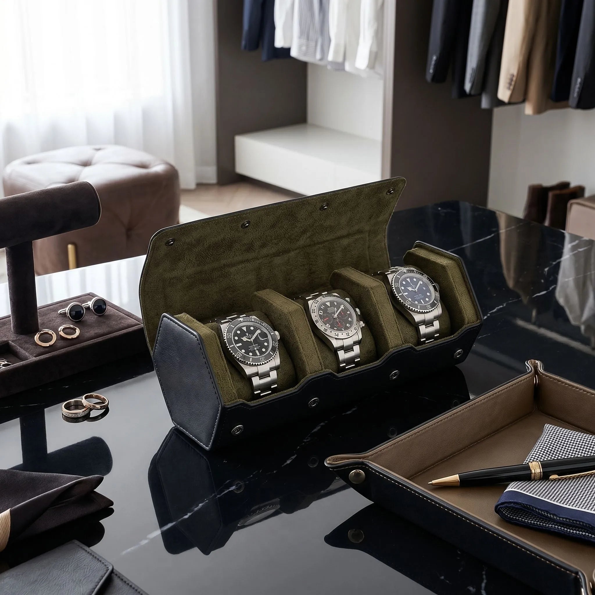 3 Watch Roll Case Hexagon Style in Fine Black Nappa Leather with Luxury Lining - Special Offer