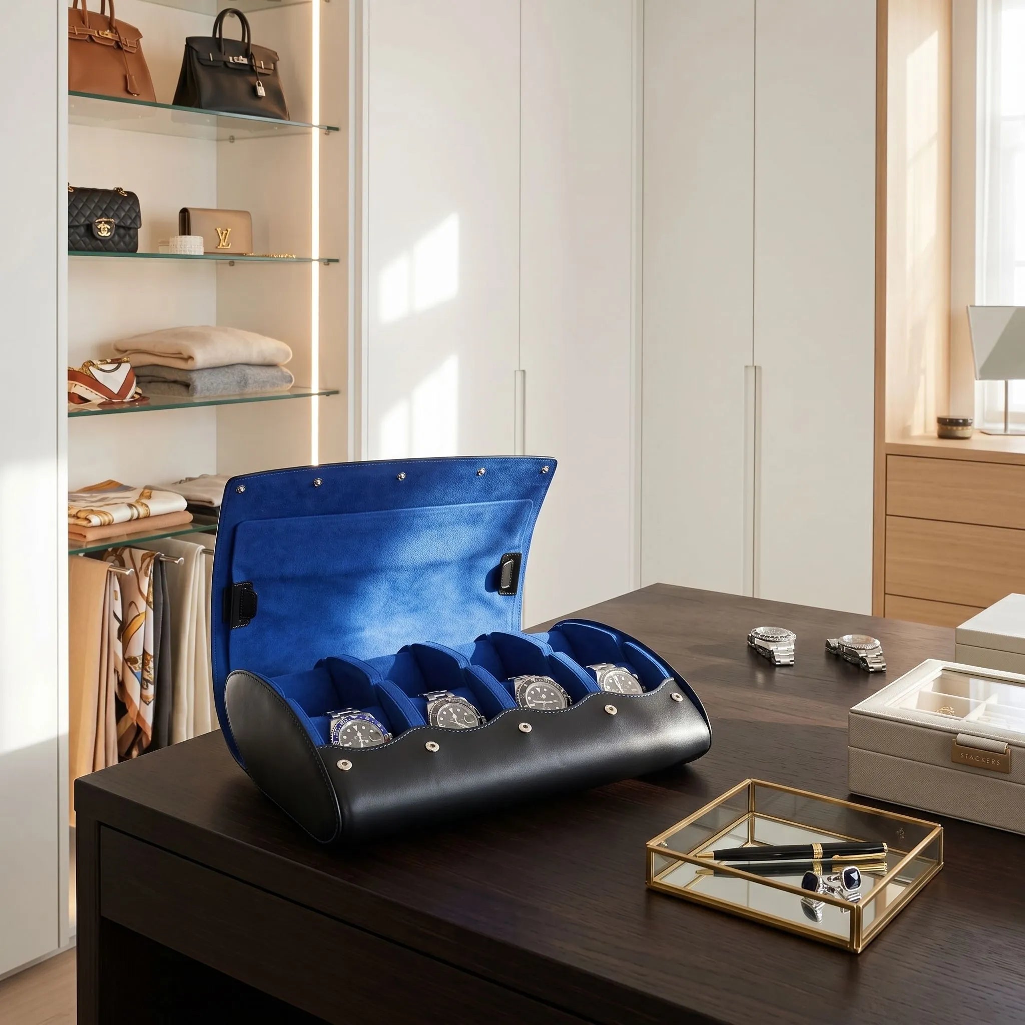 8 Watch Roll Case Premium Black Nappa Leather with Blue Lining by Aevitas