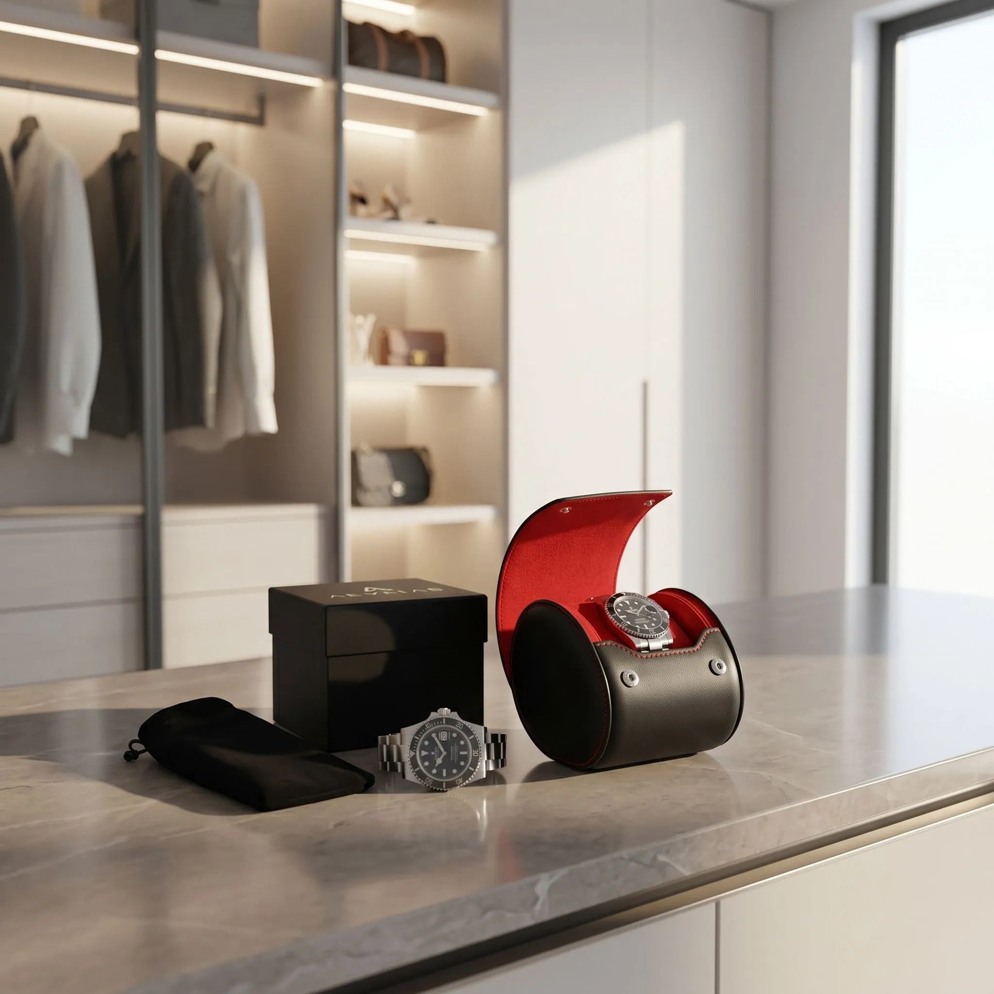 Single Watch Roll Case in Premium Black Nappa Leather with Red Lining by Aevitas