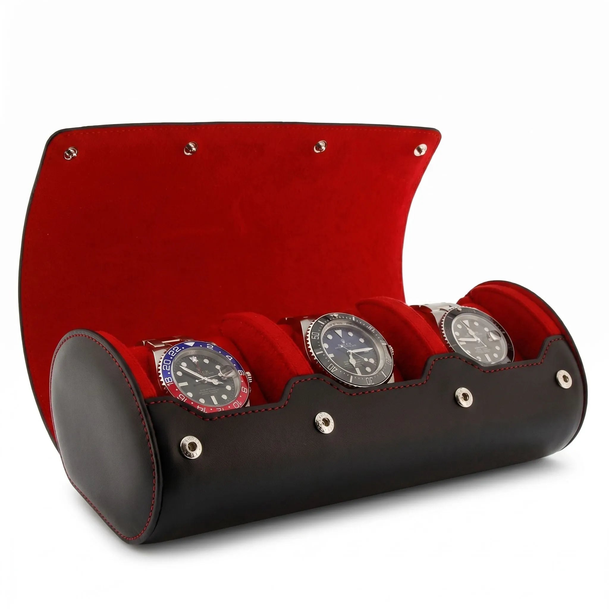 Enhanced image of a luxury black Nappa leather watch roll case with red lining, removed background, and gentle right-side shadow to showcase craftsmanship.