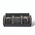 Close-up of black vegan leather watch travel case with grey lining and hexagon stitch design, highlighting texture and craftsmanship