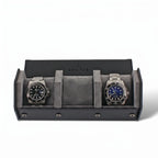 Close-up of black vegan leather watch travel case with grey lining and hexagon stitch design, highlighting texture and craftsmanship