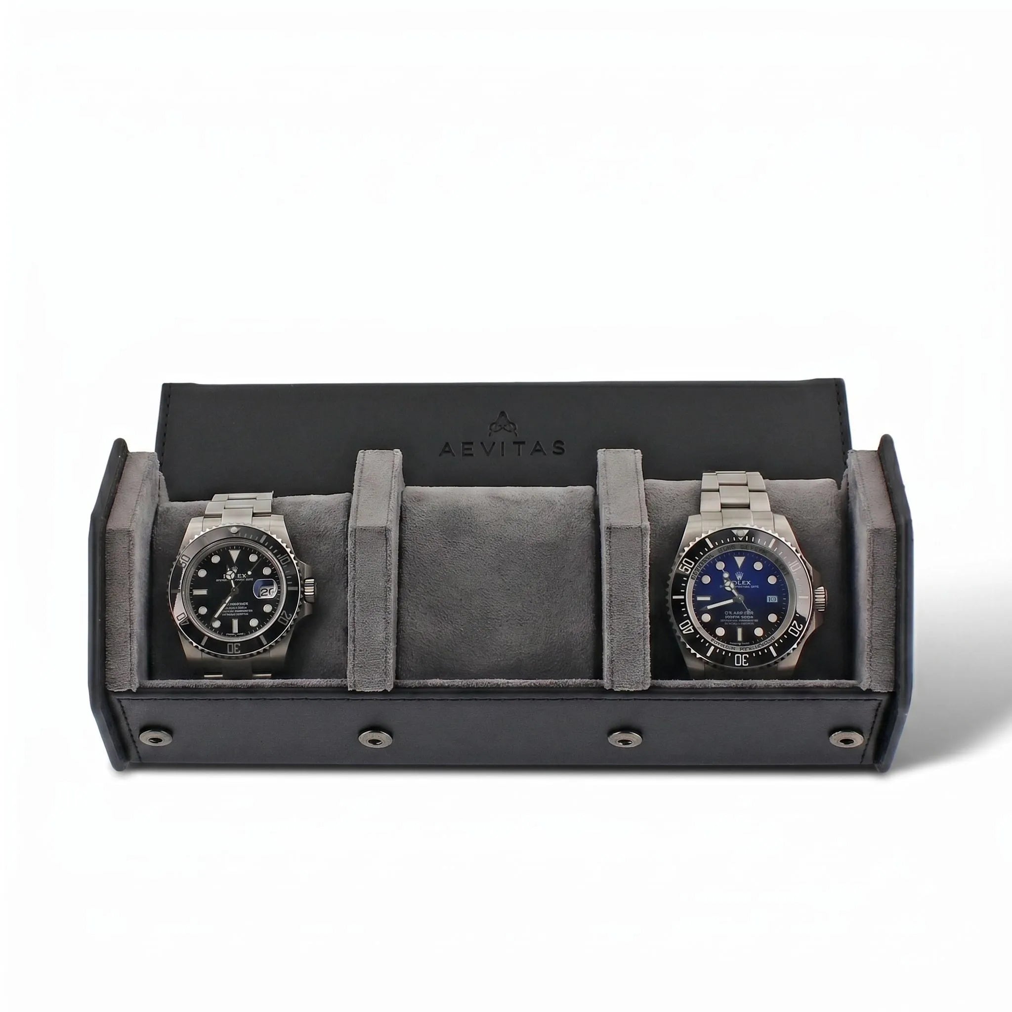 Close-up of black vegan leather watch travel case with grey lining and hexagon stitch design, highlighting texture and craftsmanship